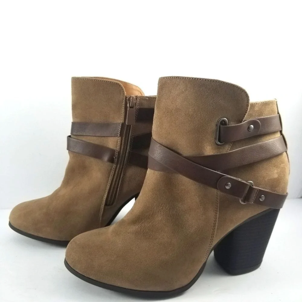 Tan Microfiber Suede Harness Ankle Boots‎ Brown Straps Block Heel 9W